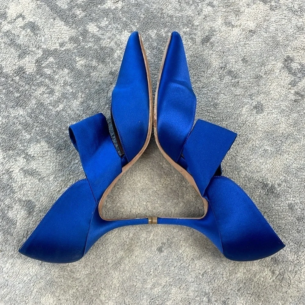 Malone Souliers Maite Crystal Buckle Satin Point Toe Pumps Blue Sz 39.5
